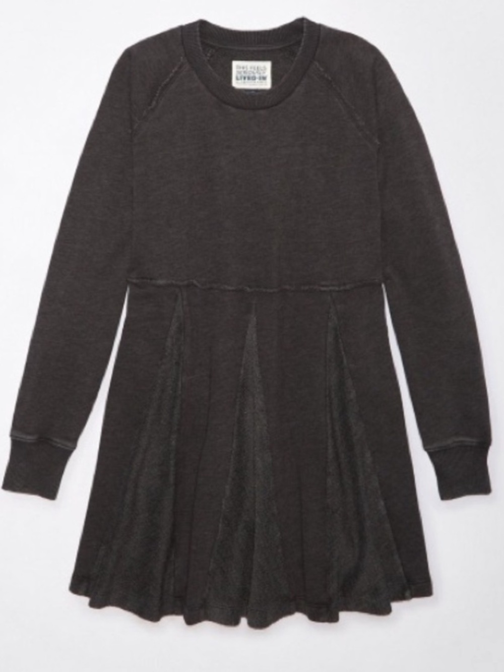 American Eagle Babydoll Sweatshirt Dress AE gray pintuck ruffle pockets